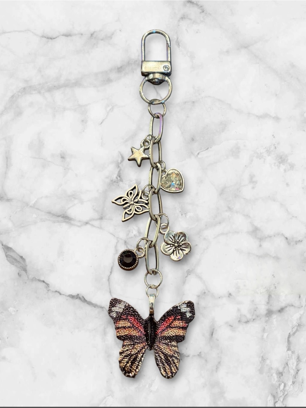 Butterfly Charm Keychain with Heart and Star Charms - Silver